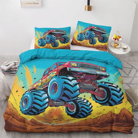 Parure de lit 135 x 200 cm - Motif Monster Truck - Pour enfant - Housse de couette 135 x 200 cm - Réversible et taie d'oreiller 80 x 80 cm - En microfibre douce et agréable - Respirante (1/5)