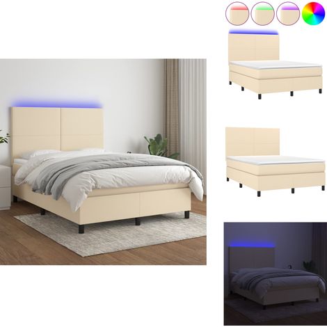 Sommier à lattes de lit et matelas et LED Crème 140x200cm Tissu - Sommier Tapissier - Lit Plateforme - Lit Avec Led - Matelas À Ressorts Ensachés - Têtière Ajustable (1/5)