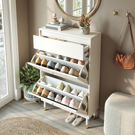 MODFU – Zapatero estrecho 65x24x104 cm de MDF y paneles con 2 puertas abatibles, cajón, patas de metal dorado, carga 60 kg y antivuelco – Blanco (1/5)