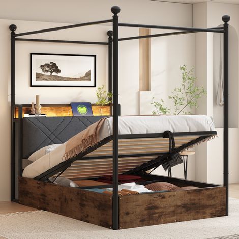 lit chambre rangement 90x190 metal noir LED USB HAVRYA (1/5)