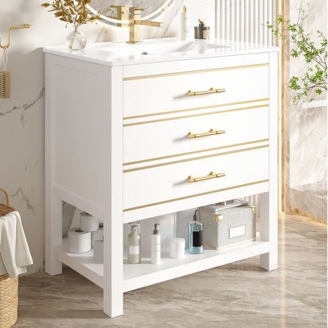 Mobile bagno con lavabo in ceramica bianco e oro, 76 cm, 2 cassetti, OKWISH (1/5)