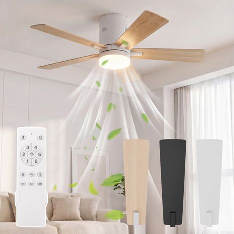 Ventilateur plafond avec lumiere, pales bois massif, moteur DC silencieux avec télécommande, 6 vitesses été hiver pour chambre salon, 106 cm - Nature (1/5)