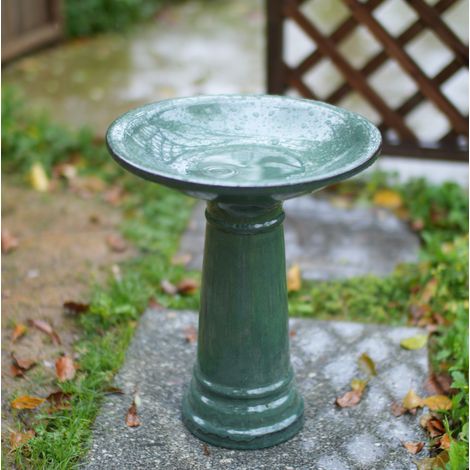 Abbeveratoio per uccelli in ceramica Ø 31,5 cm, H 38 cm, verde scuro lucido HAVRYA (1/5)