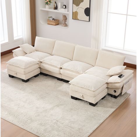 Sofá modular de 4 plazas (330x132x84 cm), con 2 pufs, puerto USB C, bolsillos laterales, tejido de pana beige (1/5)