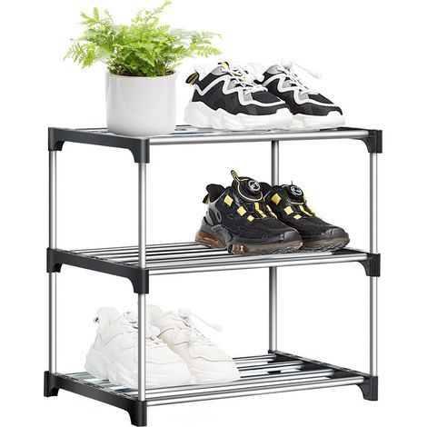 Schuhregal, stapelbarer Schuhschrank aus Metall, kleines 3-stöckiges Schuhregal, Schuhaufbewahrung für 6 Paar Schuhe für Eingangsbereich, Flur, Schlafzimmer (1/4)
