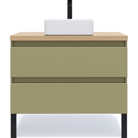 Meuble de salle de bain suspendu vasque à poser 90cm 2 tiroirs Vert olive - Hudson (1/5)