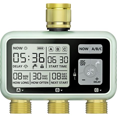 Irrigation Control Unit 3 Outlet Brass Inlet Outlet Digital Irrigation Clock LCD Display Auto/Manual Control Timer for Garden (1/5)