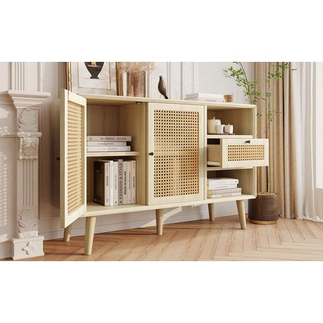 Buffet 120 x 40 x 80 cm, meuble de rangement, 1 tiroir, 2 compartiments, façades tressées, étagères réglables, MDF, Marron foncé (1/5)