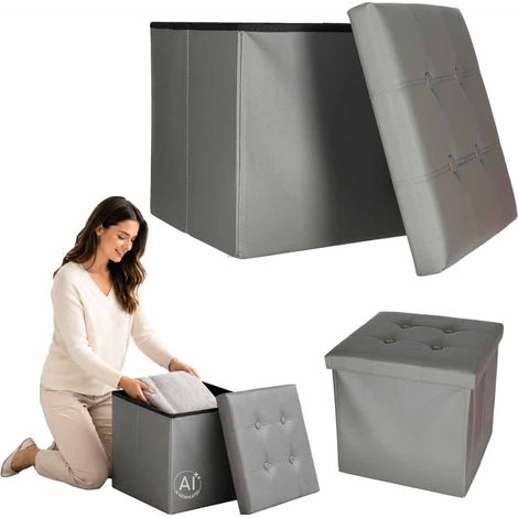 Gray Faux Leather Storage Ottoman, Foldable 38x38x36 cm (1/5)