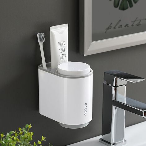Porte-brosse à dents magnétique à ventouse, double gobelet pour bain de bouche, gris, fixation murale non perforée, support de rangement pour dentifrice et brosse à dents (1/5)