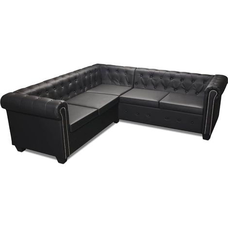 Canapé d'angle Chesterfield 5 places en cuir synthétique noir – Rembourrage épais – Dimensions 205 x 205 x 73 cm – Facile à assembler