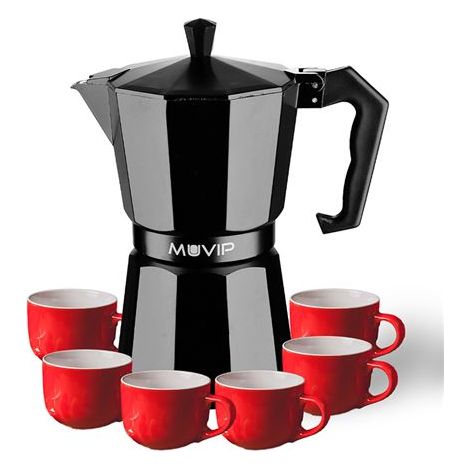 MUVIP - Macchina da caffè de alluminio MV0607, capacità de 6 tazze, impugnatura ergonomica, antiaderente, compatibilecon cucine elettriche, in vetroceramica e a gas, colore nero opaco