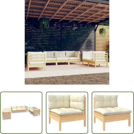 Terrassensofa - 7-tlg. Garten-Lounge-Set mit Creme Kissen Massivholz Kiefer (1/5)