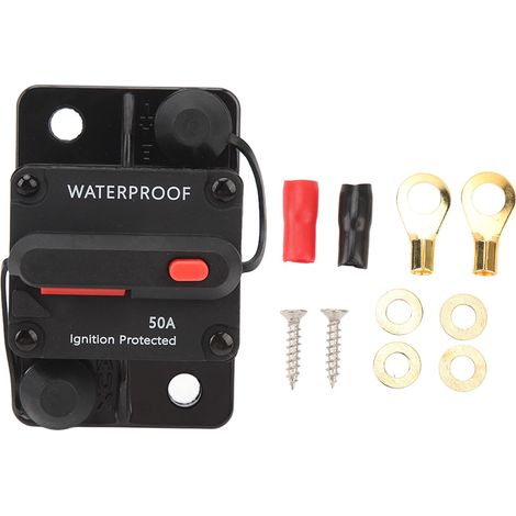 Coupe-circuit audio auto 12V étanche 50A, réarmement manuel avec fusible, protection stéréo marine, interrupteur de batterie, disjoncteur imperméable pour système sonore. (1/5)