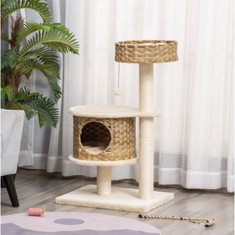 Árbol rascador para gatos (55x47x95 cm), con cueva y pelota colgante, cuerda de sisal, tablero de partículas natural (1/5)