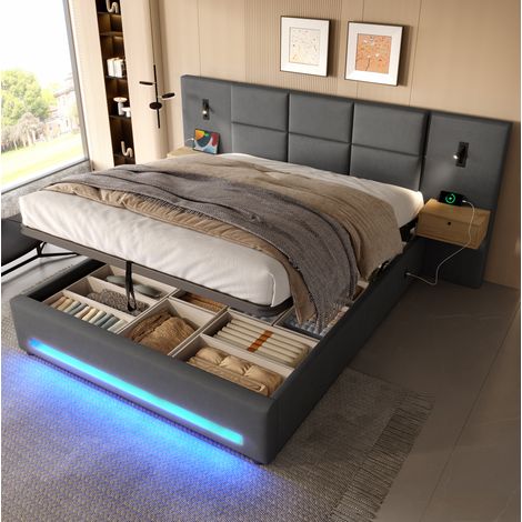 Letto contenitore 160 x 200 cm con vani, LED, USB-C e struttura in metallo grigio scuro OKMYHOME (1/5)