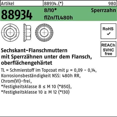 Écrou à embase hexagonale R 88934 Dent de blocage M12 10 flZnnc 480h-L 100p.
