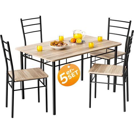 CASARIA® Esstisch mit 4 Stühlen Holz 5 teilig Set Metall 110x70cm Industrial Esszimmer Küche Stühle Tisch Möbel Essgruppe Sitzgruppe Leo Eiche hell