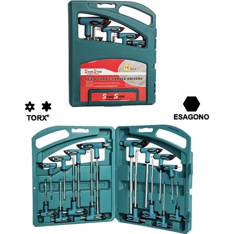 Set cacciaviti/giraviti 16 pezzi impronta doppia torx / torx forati + esagonale / esagonali / Hex impugnatura a T