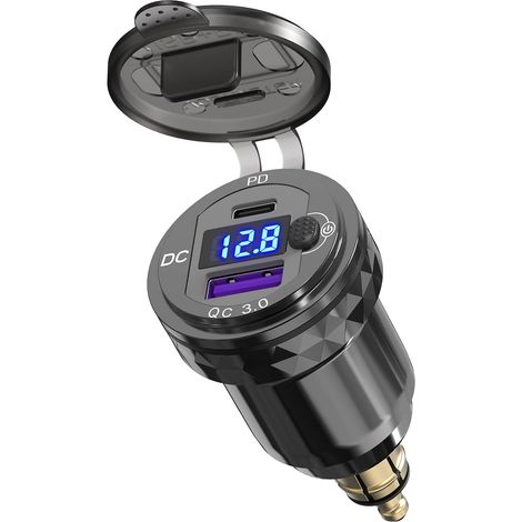 Prise USB Moto DIN, Double Port QC3.0+PD 3.0 Adaptateur Din Hella avec Voltmètre LED Interrupteur – 12V-24V pour Ducati Triumph – Remplacement Prise Accessoire Moto Européenne (1/5)