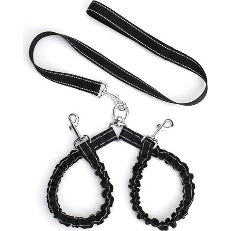 Beyamis Corde traction chien double - Nylon élastique réfléchissant noir (1/5)