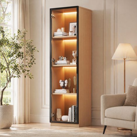 Vitrina estrecha 40 x 40 x 165 cm con puerta de vidrio templado, LED multicolor, roble HAVRYA (1/5)