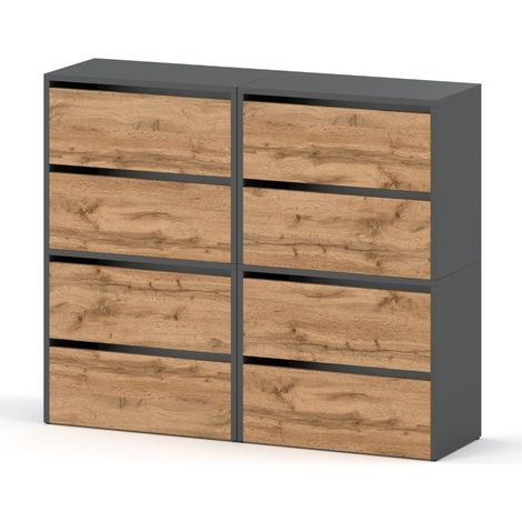 Meuble à chaussures 120 cm – Gris mat / Chêne Wotan – Panneau laminé résistant – 3 niveaux de rangement pour familles (1/5)