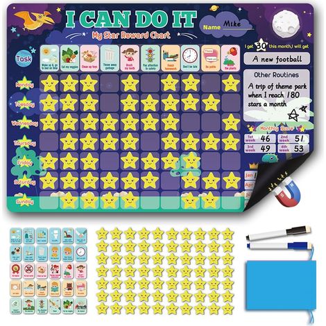Tableau Magnétique Hebdomadaire - Planning Tâches Enfants - Calendrier Jours Semaine - 30 Magnets Tâches - 70 Magnets Étoiles - Bleu (1/5)