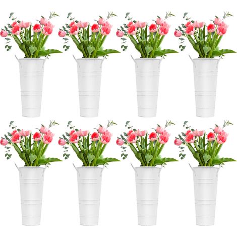 Lot de 8 vases à fleurs en métal galvanisé, effet vieilli, seaux à bouquets avec deux poignées, pour décoration mariage, fête, fleuriste et intérieur, hauteur 25,5 cm, blanc (1/5)