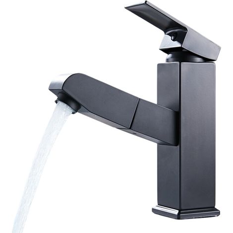 1 Robinet mitigeur, douchette extractible, laiton, noir mat, hauteur 187 mm, salle de bain (1/5)