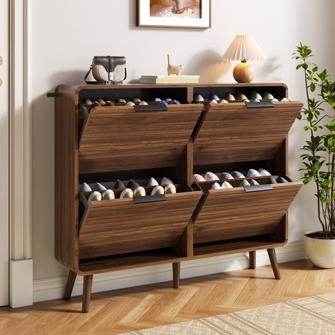 Meuble à chaussures en bois, 105x90 cm, avec 4 portes, 24 paires, meuble de rangement style scandinave, façade à tasseaux horizontaux, Couleur noyer (1/5)