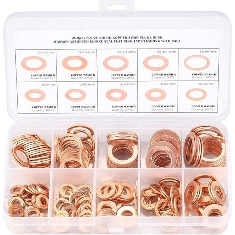 Cuivre Rondelles Metal, Joints Bague D'étanchéité, Rondelles Plates, Joint Torique avec Boîte pour L'étanchéité - 200 Pcs/M5 M6 M8 M10 M12 M14 (1/5)