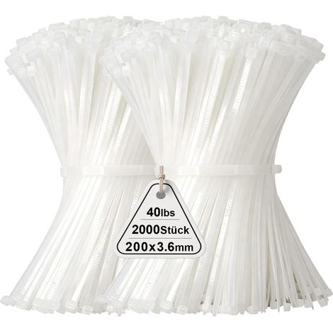 Lot de 2000 serre-câbles blancs - 200 mm x 3,6 mm - Pour l'industrie - Résistant aux UV - Durable - Petit nylon - Fermeture éclair autobloquante - Avec 18 kg - Pour le jardinage, la maison, le bureau (1/5)