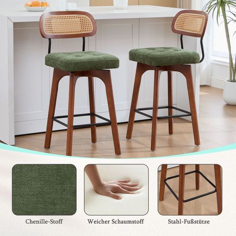 Lot de 2 Tabourets Hauts pivotants à 360° dossier en rotin Assise Rembourrée revêtement en chenille vert (1/3)