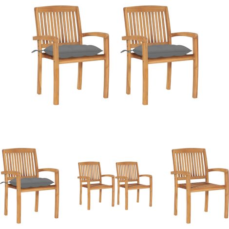 Teakholz Stühle - vidaXL Gartenstühle 2 Stk. mit Grauen Kissen Massivholz Teak - Holzstühle mit Kissen (1/5)