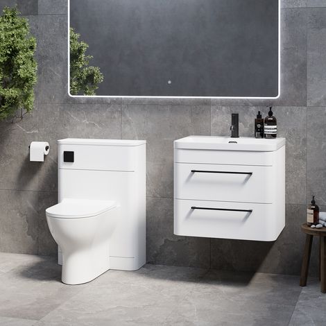 Oslo Gloss White 1150mm Wall Mounted Vanity Unit Toilet Suite with Fina Basin - 1150mm - Matt Black 320mm HandleWith Jubilee Toilet Pan and Seat