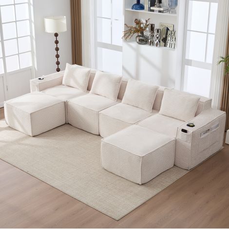 Divano modulare 330x162x75 cm con 2 pouf, portabicchieri e tasche laterali, tessuto cord beige (1/5)