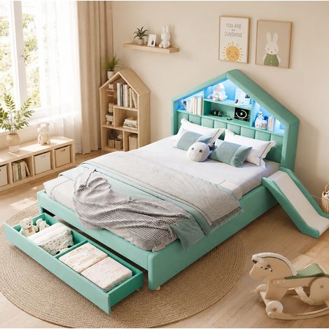Kinderbett 140x200 cm aus blaugrünem Samt mit Stauraum – ohne Matratze – MEUBLIV (1/5)