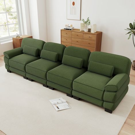 Modulsofa 4-sitzer - 336 x 88,5 x 94 cm - extra grosses wohnzimmersofa aus grünem cordstoff mit lendenkissen (1/5)