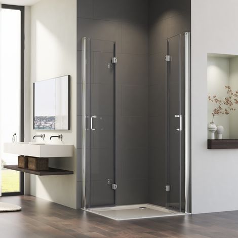 WDWRITTI Duschkabine Falttür 90x90 cm Eckeinstieg 180° Rahmenlos Duschabtrennung Eckeinstieg Drehfalttür Dusche Eckdusche mit Doppel Falttüren aus 6mm Nano Beschichtung ESG Glas, Faltbar Duschwand Höh