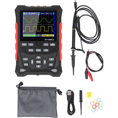 Oscilloscope 2 canaux, bande passante de 120 MHz, taux d'échantillonnage de 500 MSa/s, écran numérique TFT LCD de 2,4 pouces avec sonde 1 à 10X (1/5)