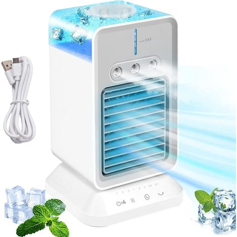Refroidisseur d'air, 3 vitesses de vent, alimentation en air pivotante grand angle, ventilateur humidificateur, enfichable et rechargeable (1/5)