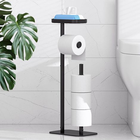Porte-rouleau de papier toilette sur pied – Porte-rouleau en acier inoxydable pour 4 rouleaux avec base antidérapante et étagère pour téléphone et petits objets, organisateur et espace de rangement po (1/5)