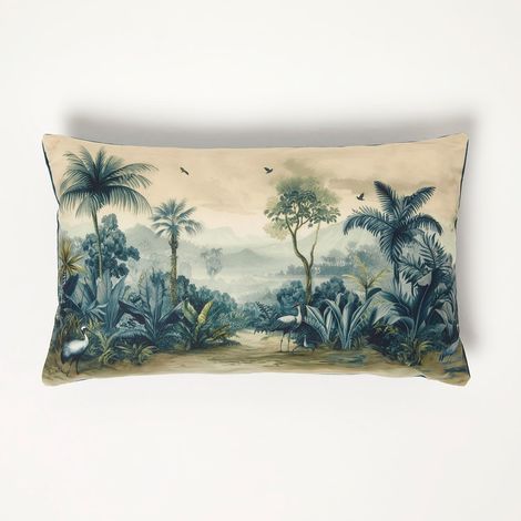 HOMESCAPES Blue Palm Sepia Cushion, 30 x 50cm (1/5)