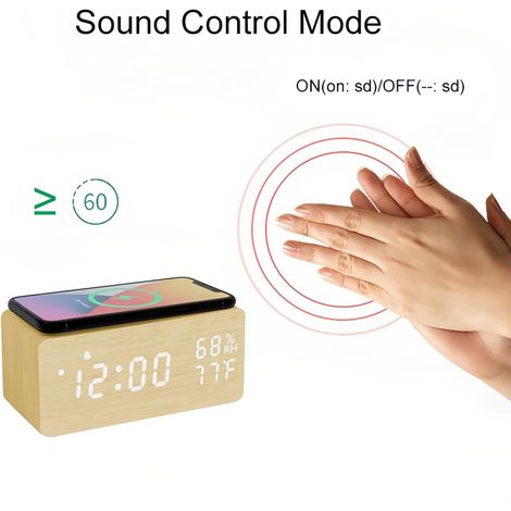 Sveglia digitale in legno con controllo del suono a LED, supporto per la ricarica wireless, visualizzazione di temperatura e umidità e luminosità regolabile (gialla) per camere da letto e uffici domes (1/4)