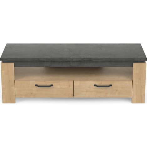 Meuble TV 2 Tiroirs-Décor Chêne et Gris Anthracite-Style Contemporain-pour Salon-L140 l42 H47 cm, Bois d'ingénierie, Brown, L 140 x P 42 x H 47 cm (1/4)