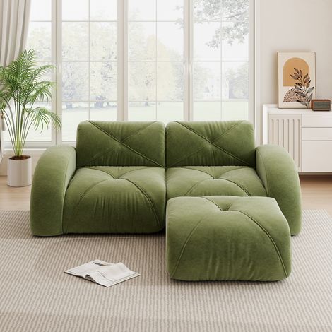 Canapé modulaire 2 places vert avec tabouret mousse 32D tissu chenille. Résistant aux animaux design doux pour salon.