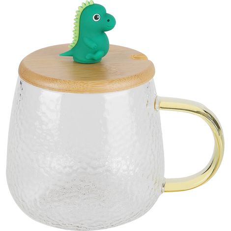 Niedlicher, hitzebeständiger 400-ml-Becher aus Borosilikatglas mit Stahllöffel und Bambusdeckel (Dinosaurier) (1/5)