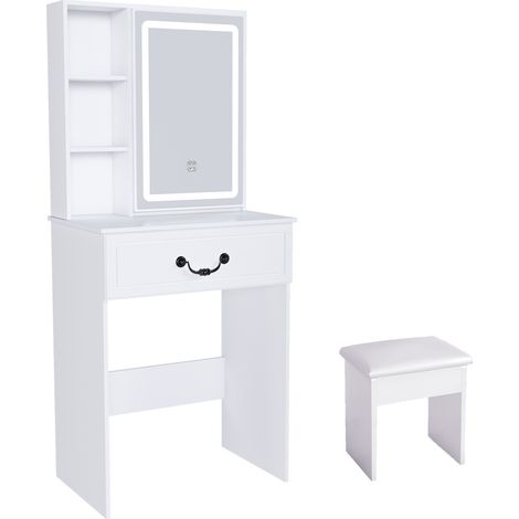 Tocador con espejo LED regulable y taburete acolchado MDF blanco 60x36x131,5 cm HOMVRA (1/5)