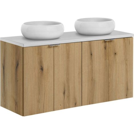 Set VANO in Eichen- und Weiß-Optik 120cm: Unterschränke mit Türen + Platte für Aufsatzwaschbecken + runde weiße Aufsatzwaschbecken